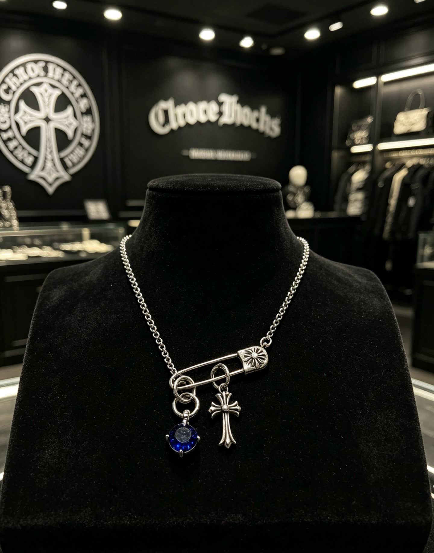 Chrome Hearts Silver Cross and Lock Charm Necklace with Blue Gemstone